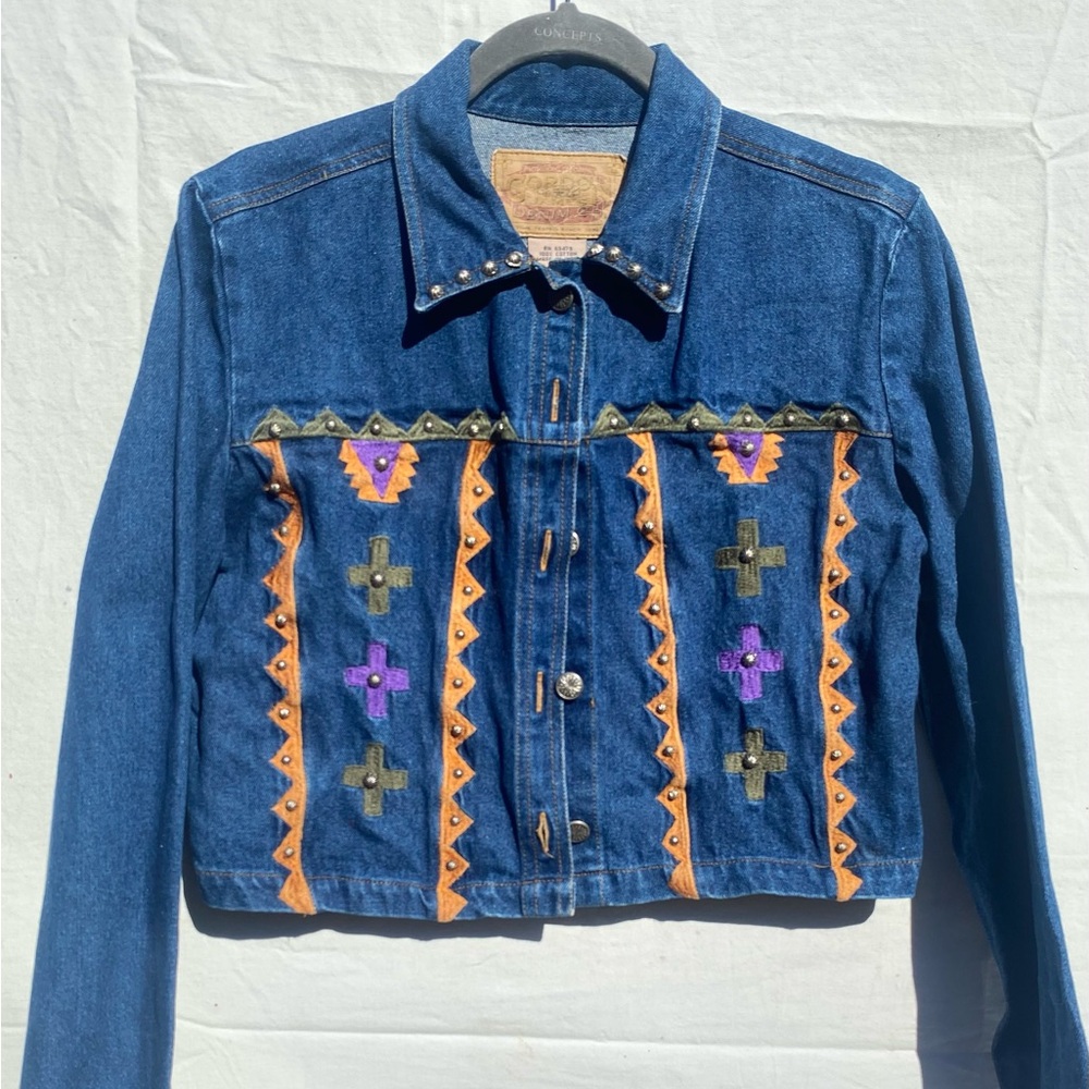 Vintage cropped Embellished Denim Jacket with Orange and Purple Accents